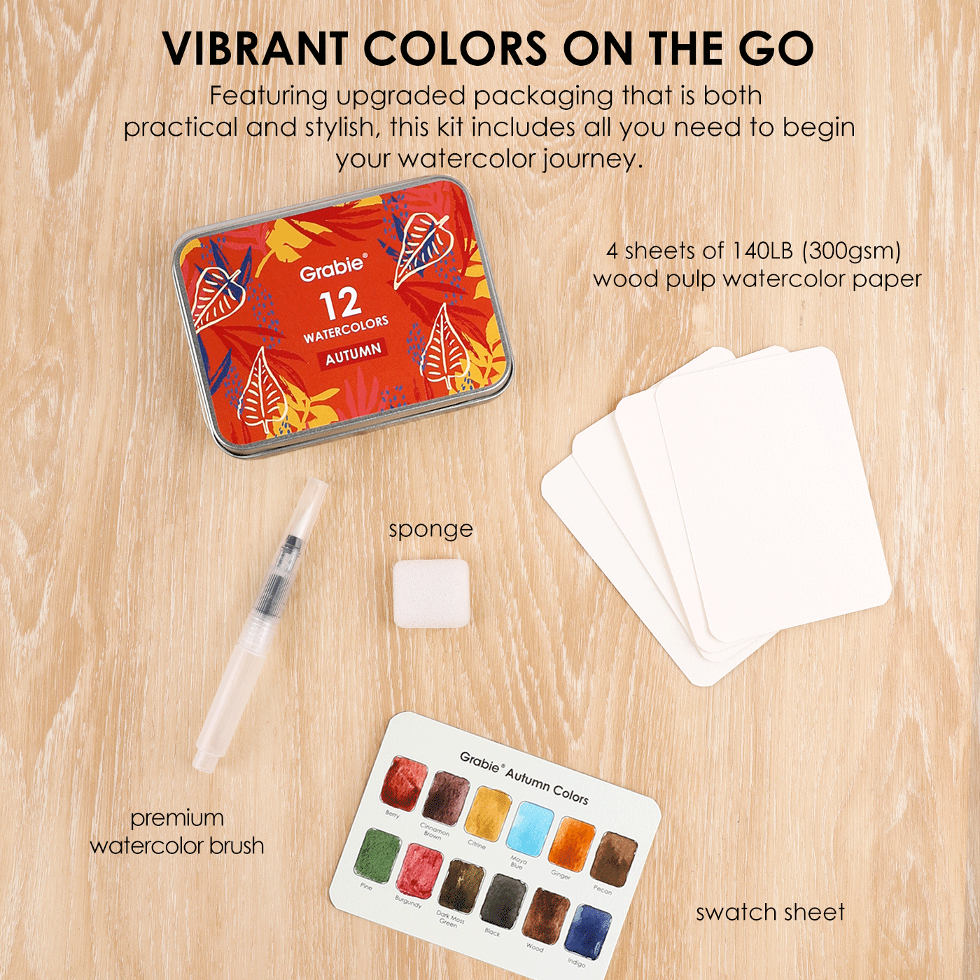 Watercolor Pocket Set Of 12 With Brush - Autumn Colors - Grabie