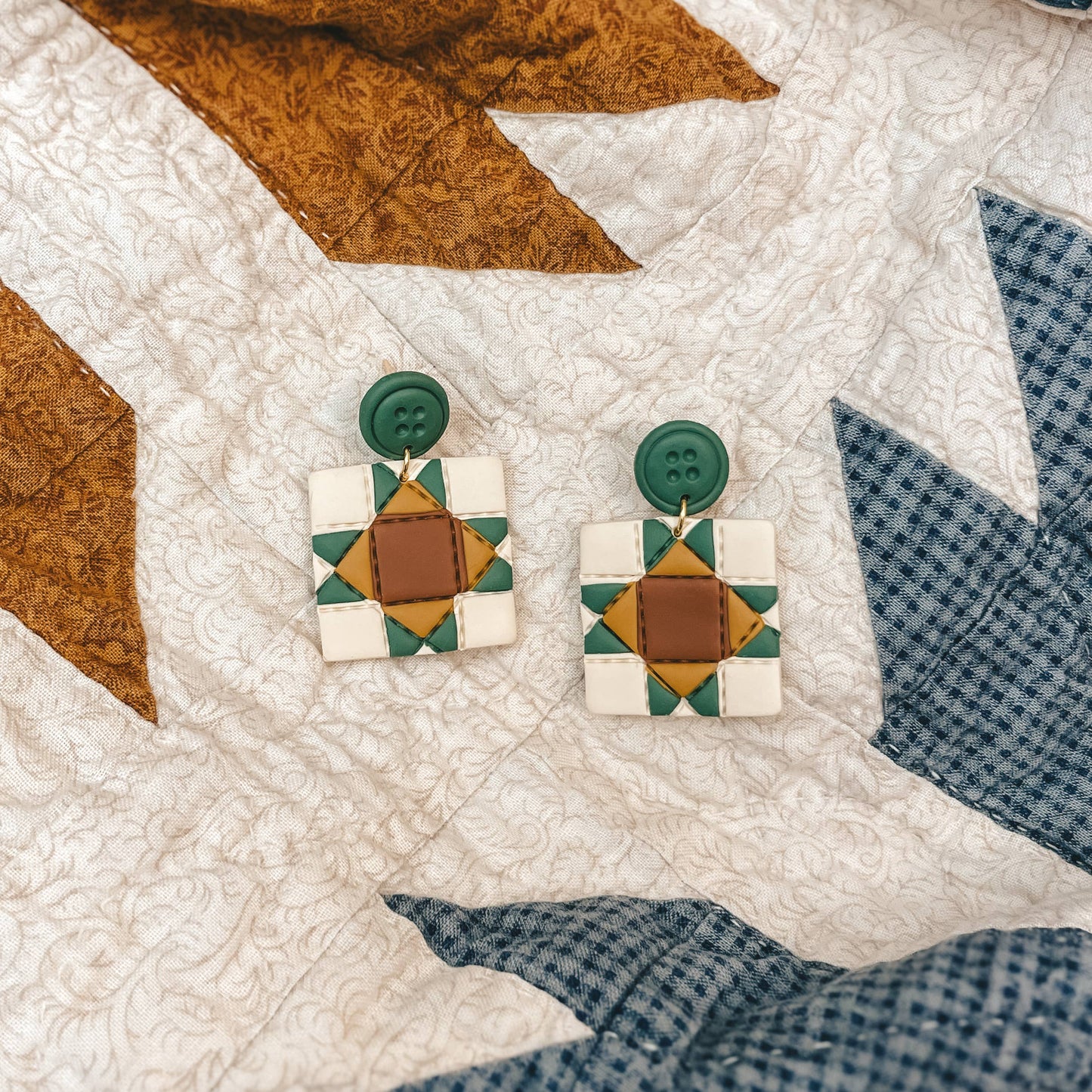 Quilted Style Stud Dangle Polymer Clay Earrings | Button + Block