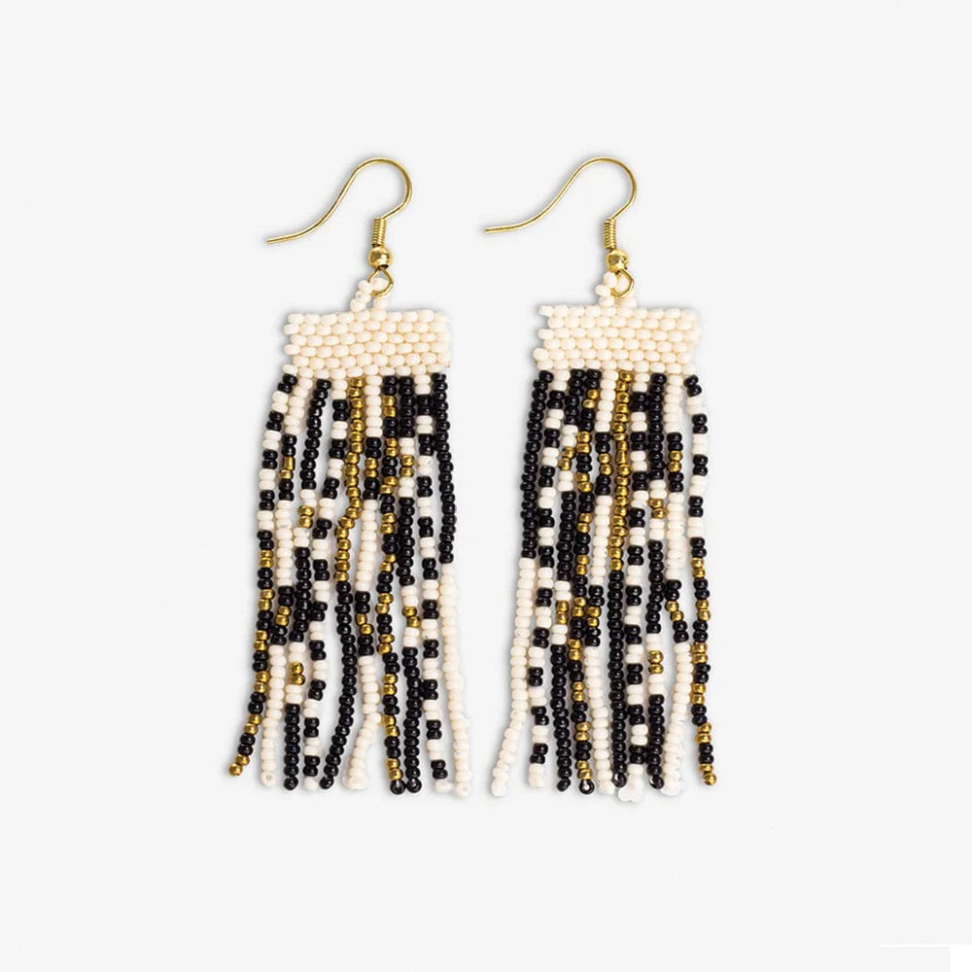 Adaline Mixed Patterns Beaded Fringe Earrings-Black/Cream