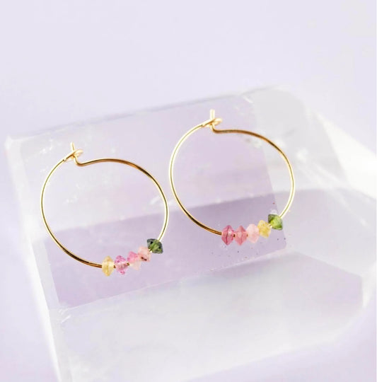 Rainbow Tourmaline Gold Hoop Earrings: Happiness