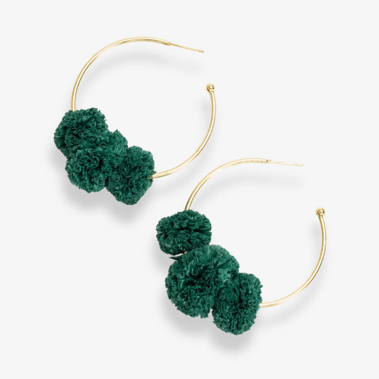 Rita Raffia Poms Hoop Earrings - Kelly Green