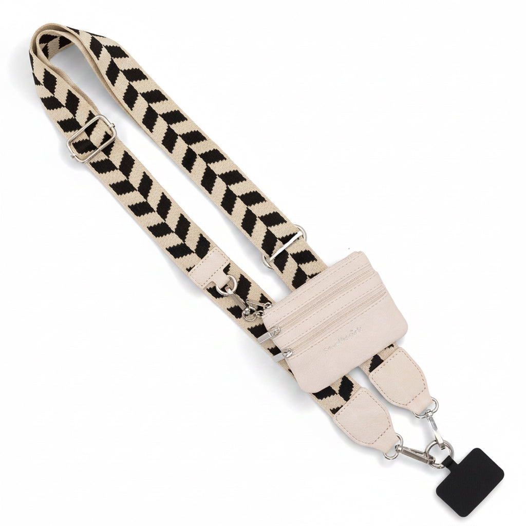Clip & Go 3 in 1 Crossbody Phone Carrier Black & Cream Chevron