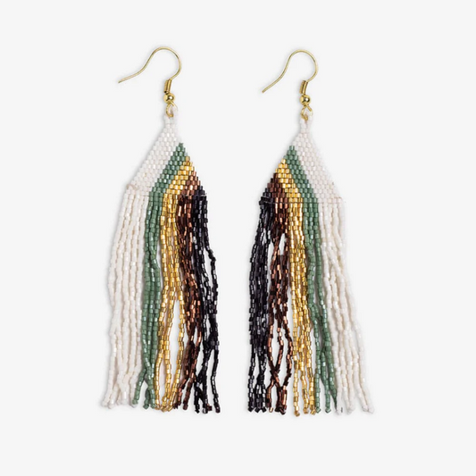 Brittany Wide Waterfall Stripes Beaded Fringe Earrings - Safari