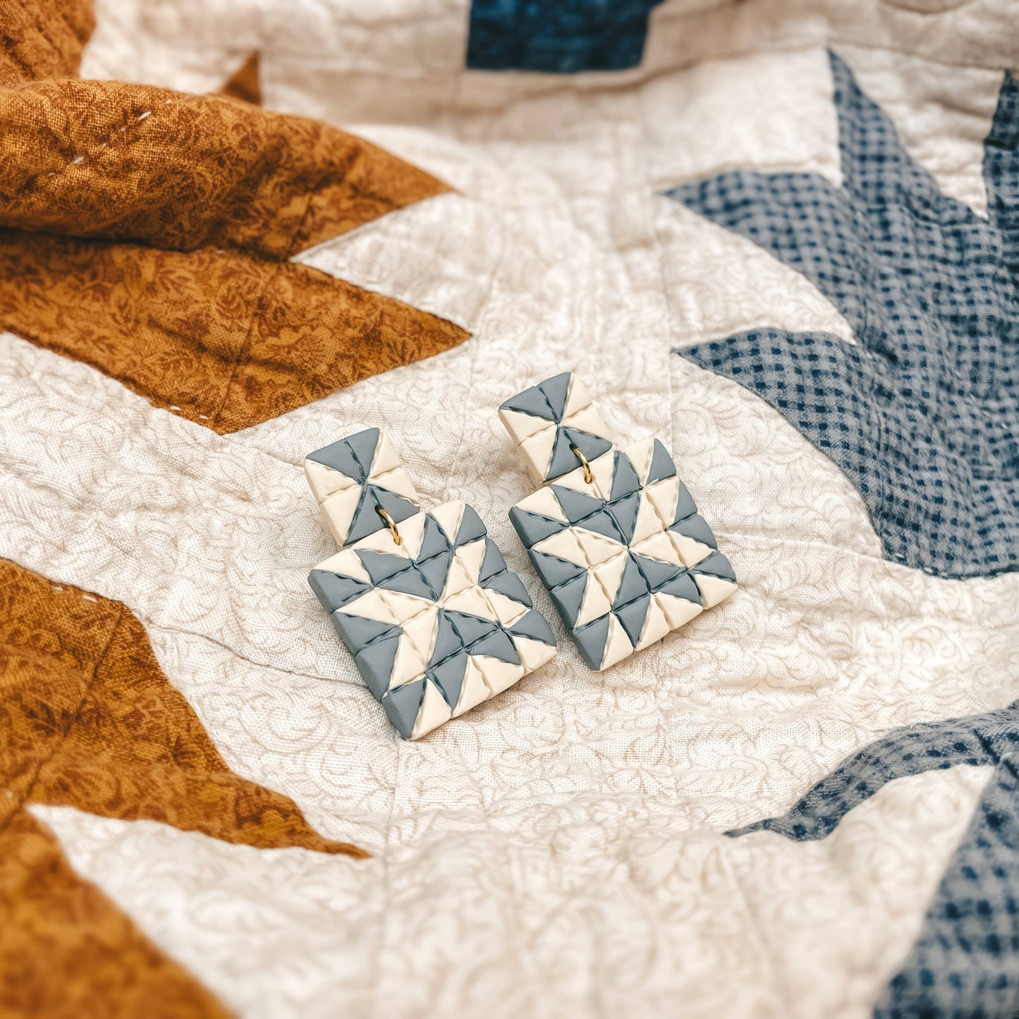 Quilted Style Stud Dangle Polymer Clay Earrings | White + Blue