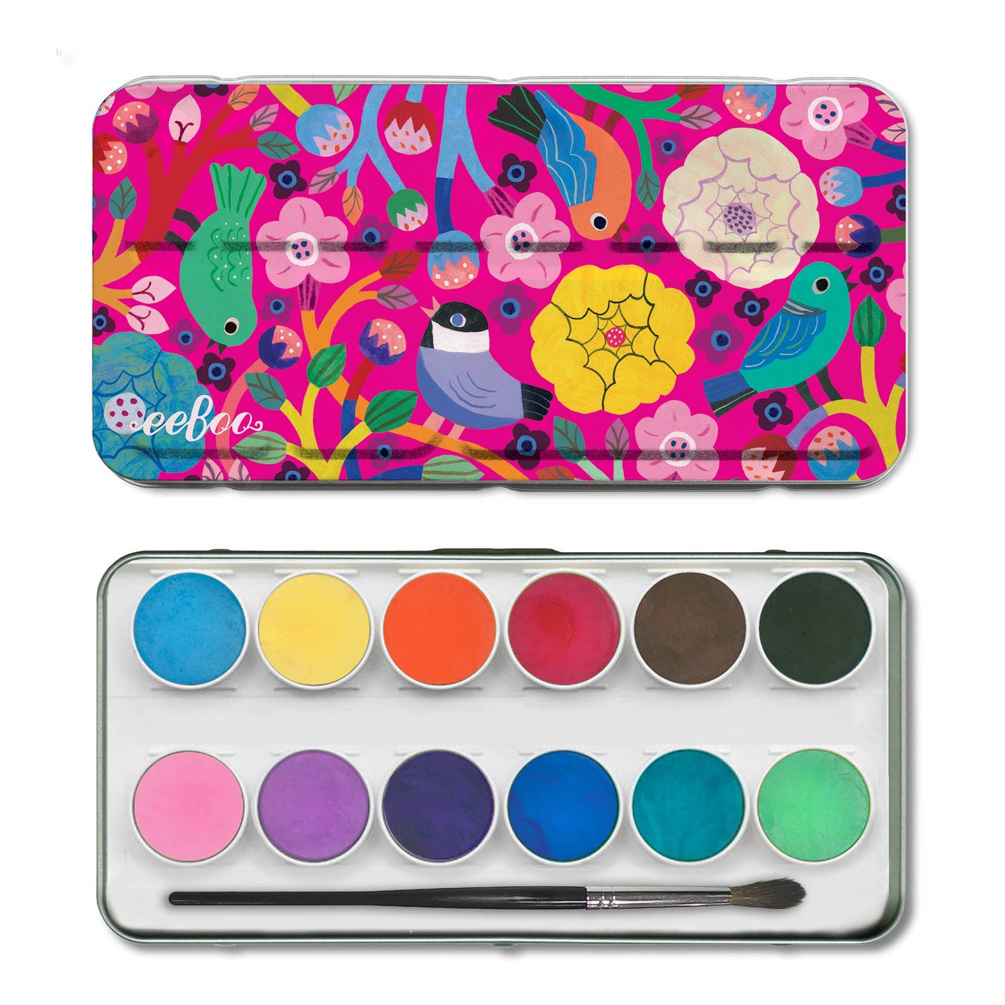 Birds in Fuchsia Watercolors Paint Tin