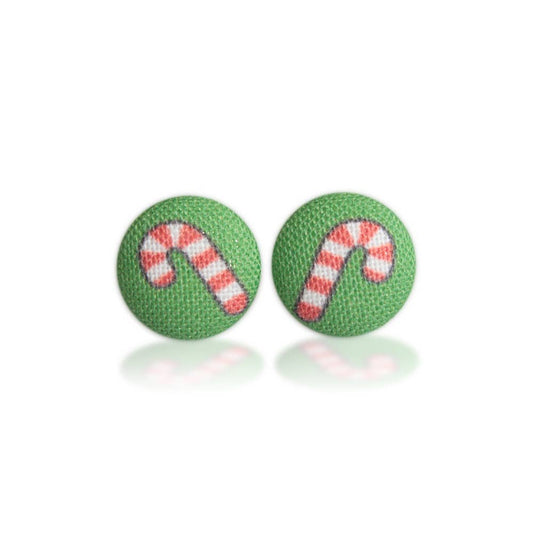Candy Canes Fabric Button Earrings
