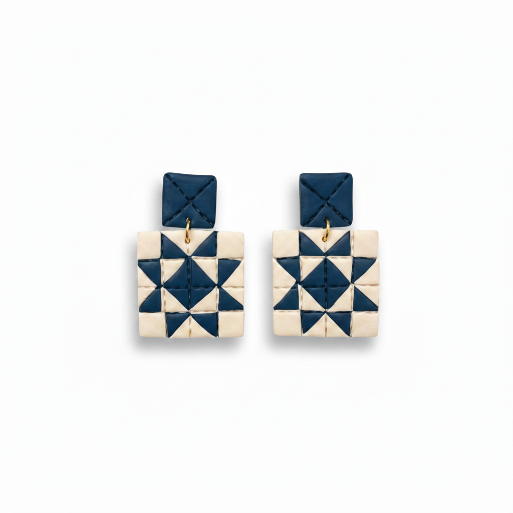 Quilted Style Stud Dangle Polymer Clay Earrings | Navy Star