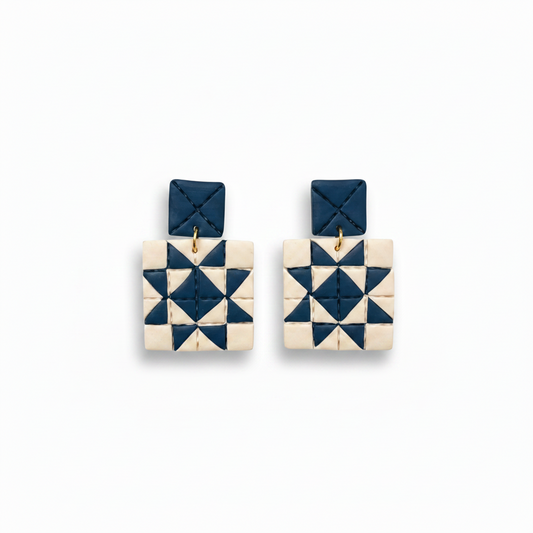Quilted Style Stud Dangle Polymer Clay Earrings | Navy Star