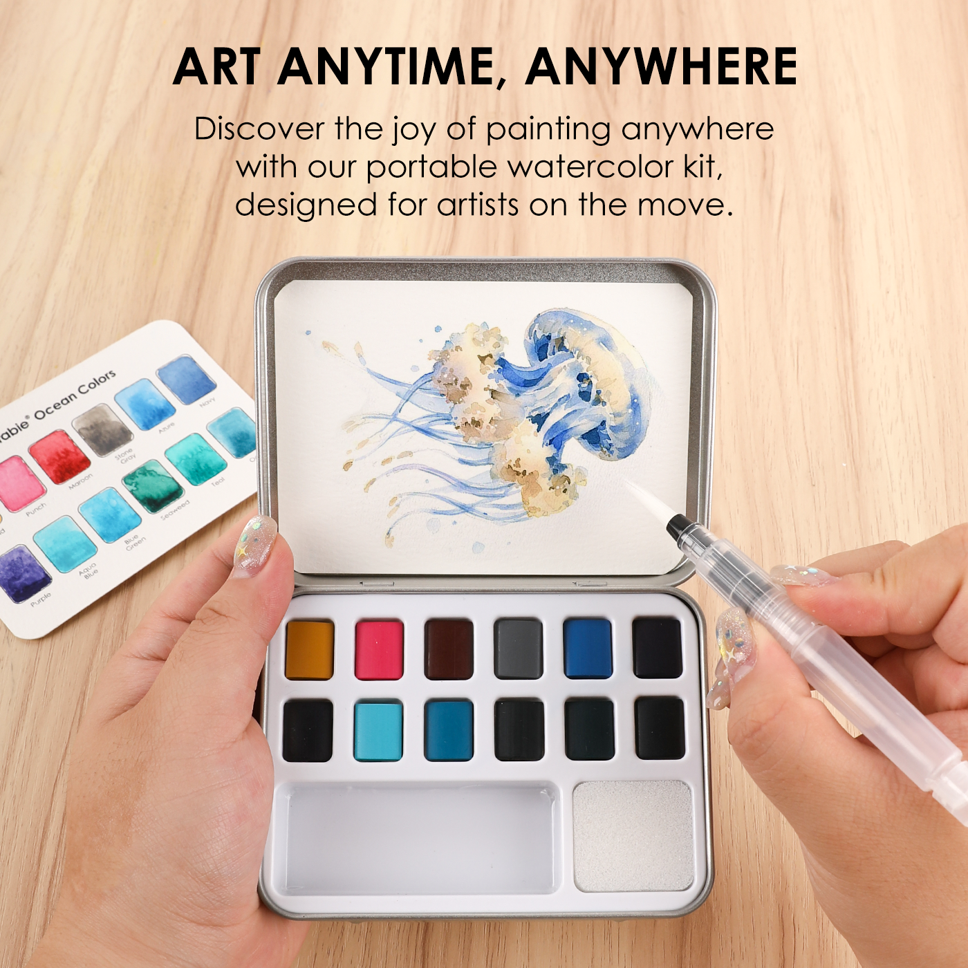 Watercolor Pocket Set Of 12 With Brush - Ocean Colors - Grabie