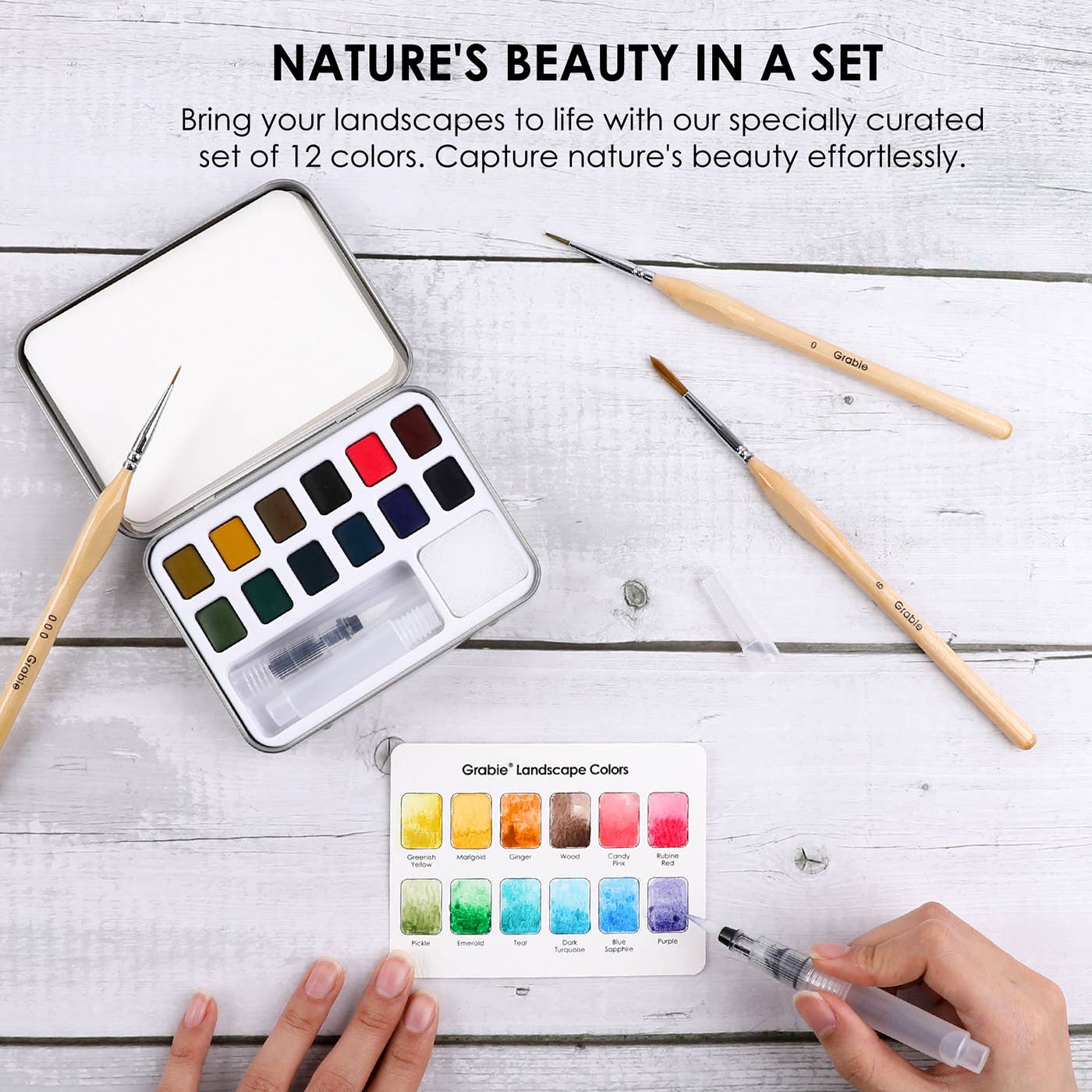 Watercolor Pocket Set Of 12 With Brush - Landscape Colors - Grabie