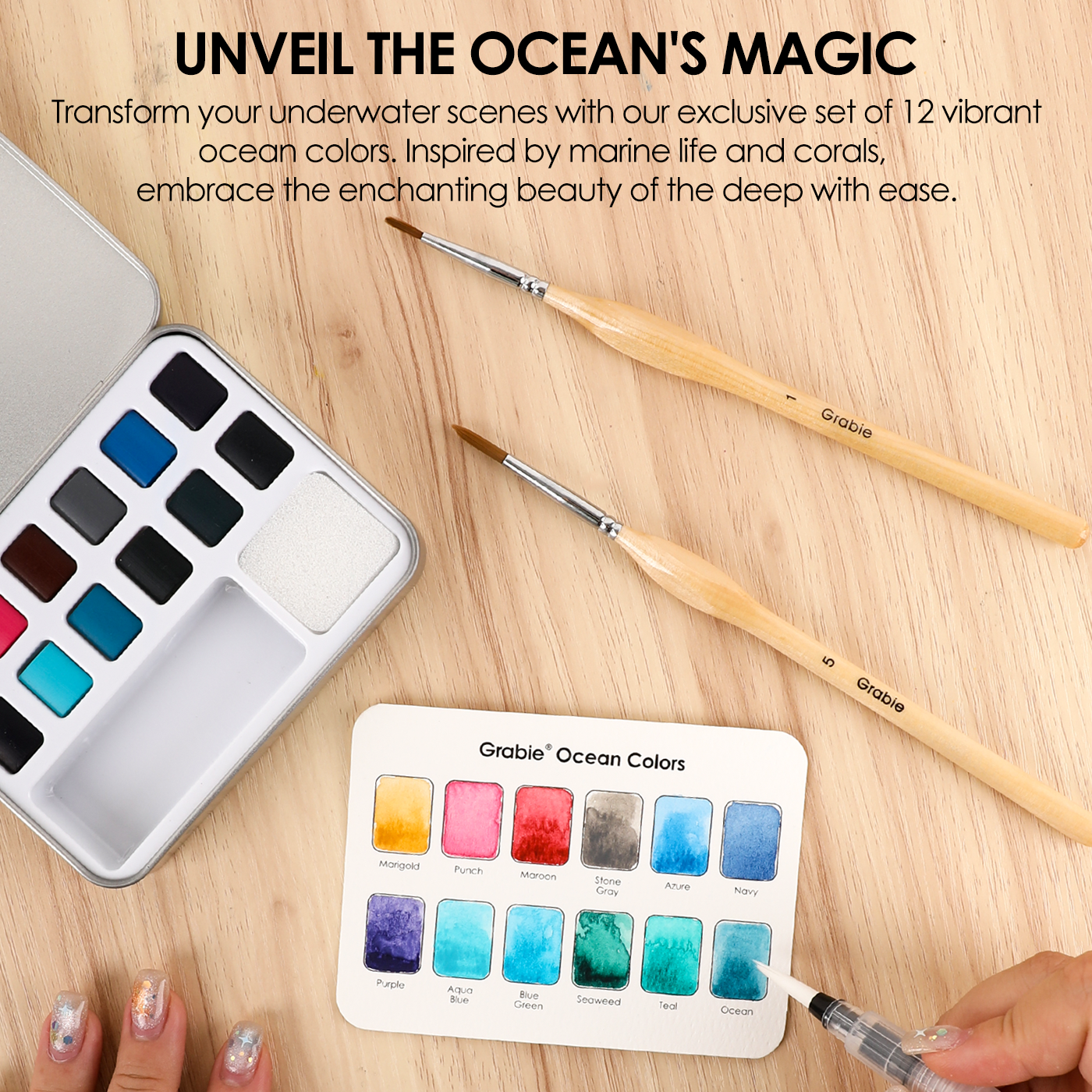 Watercolor Pocket Set Of 12 With Brush - Ocean Colors - Grabie