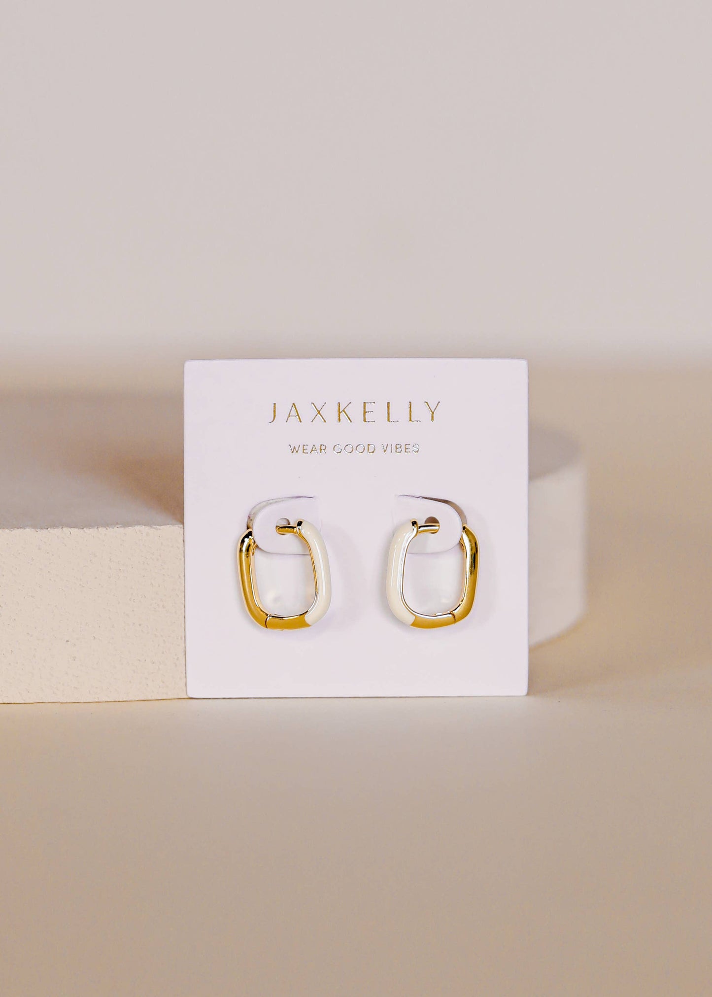 JaxKelly - Color Dipped Rectangle Hoop Earrings - Cream Enamel