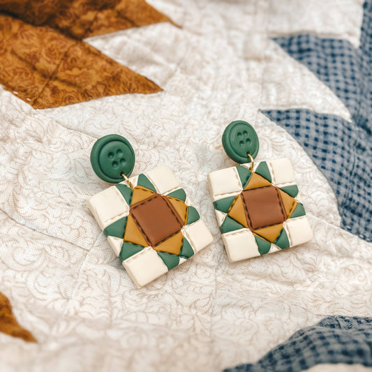 Quilted Style Stud Dangle Polymer Clay Earrings | Button + Block