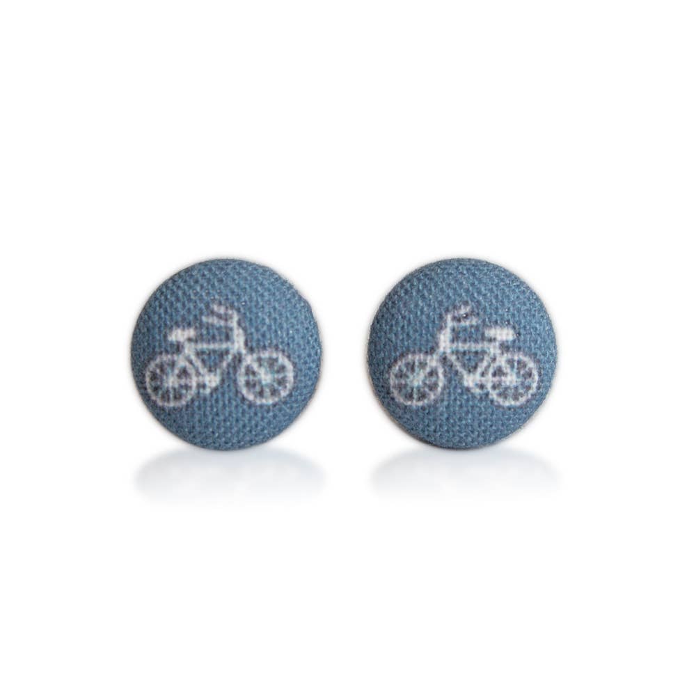 Tiny Navy Bikes Fabric Button Earrings