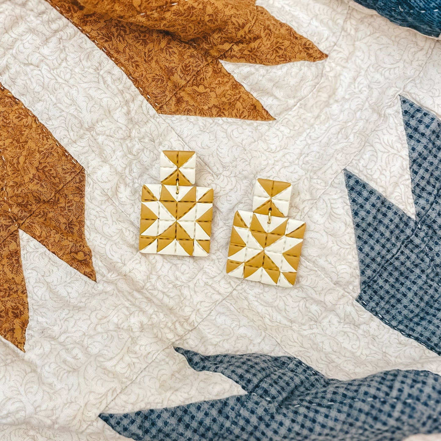 Quilted Style Stud Dangle Polymer Clay Earrings | White + Mustard