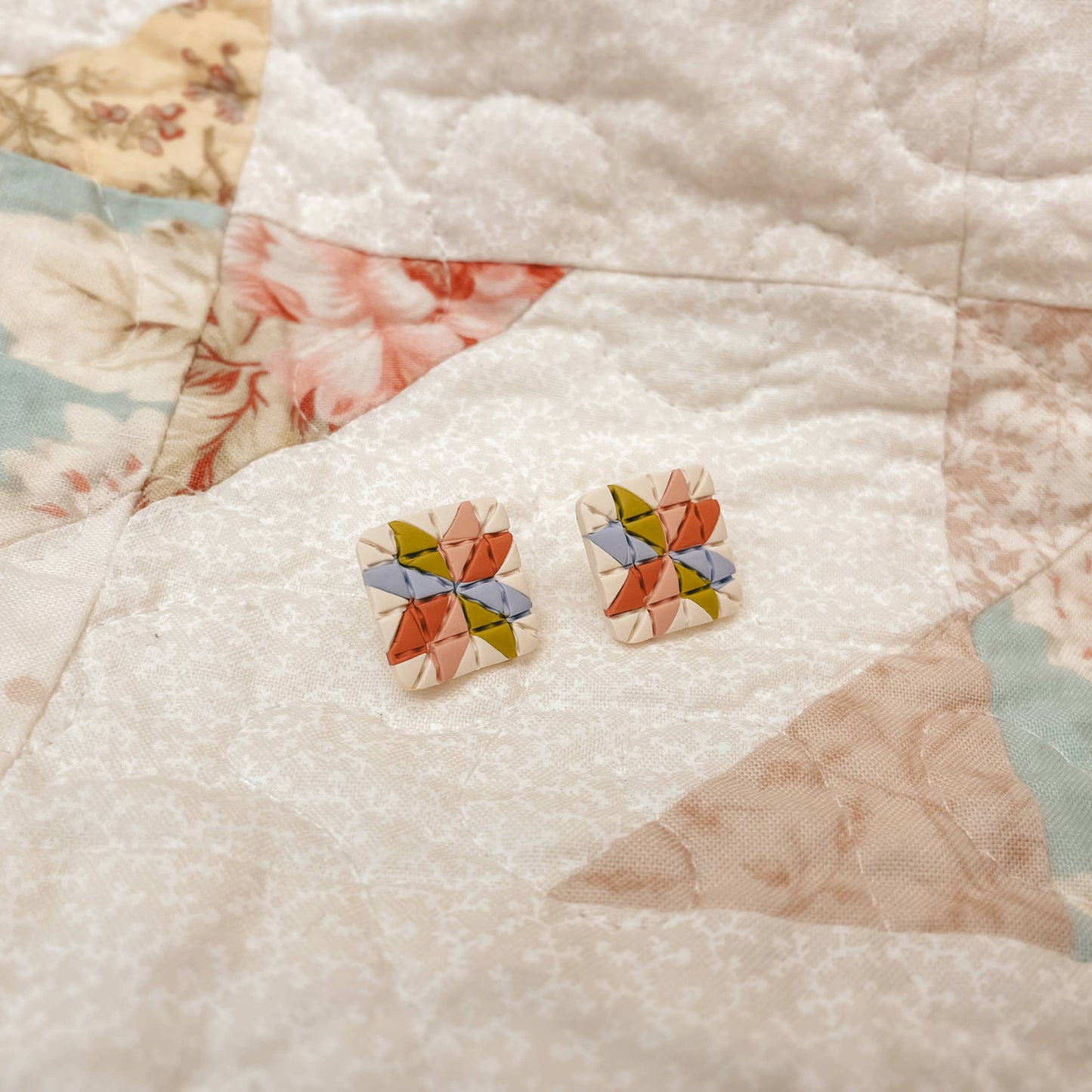 Quilt Block Polymer Clay Stud Earrings