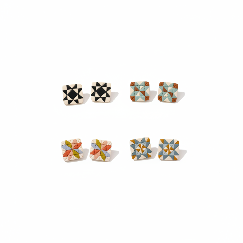Quilt Block Polymer Clay Stud Earrings