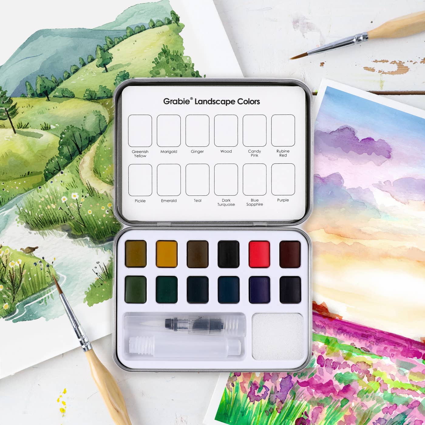 Watercolor Pocket Set Of 12 With Brush - Landscape Colors - Grabie
