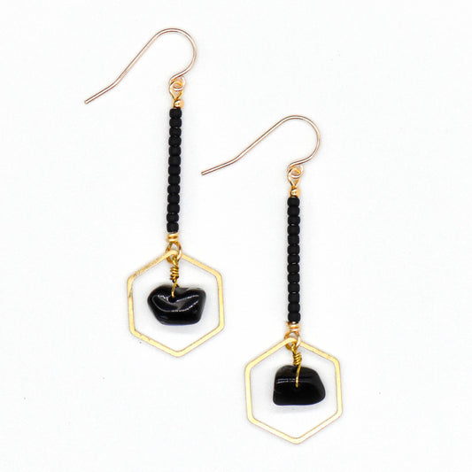 Hexagon Drop Earrings - Obsidian & Black Beads