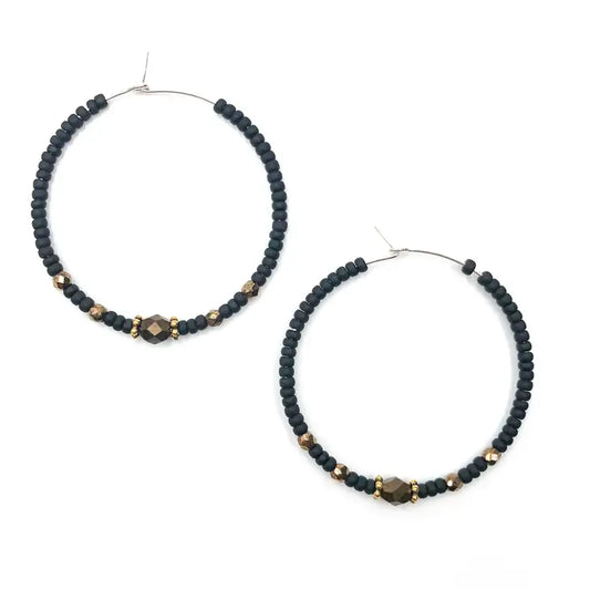 Bronzed Beaded Hoop Earrings - Black