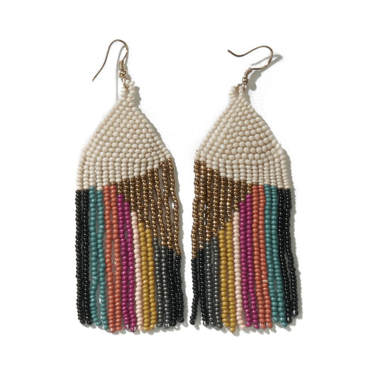 INK+ALLOY© - Elise Angle with Stripes Beaded Fringe Earrings Muted Rainbow
