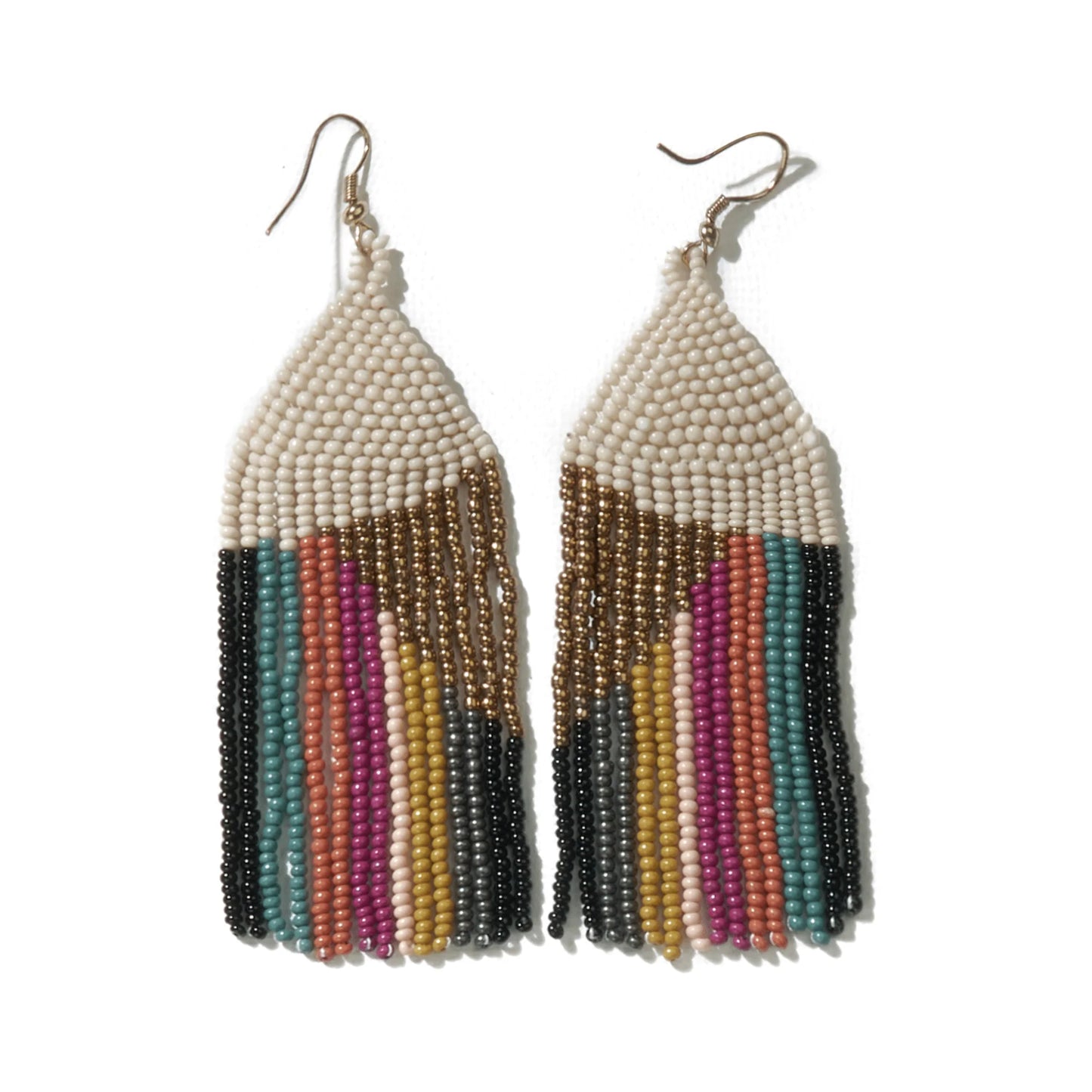 Elise Angle with Stripes Beaded Fringe Earrings - Muted Rainbow