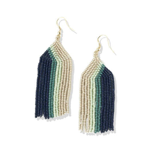 Dolly Vertical Stripe Beaded Fringe Earrings - Teal